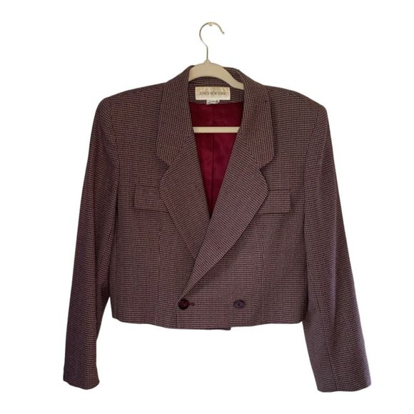 Jones New York Cropped Blazer Burgundy and Grey Checkered - Picture 3 of 5